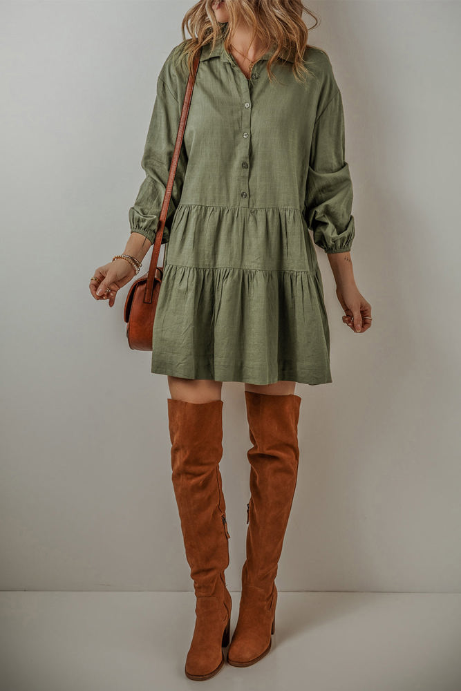 Ariana Puff Sleeve Buttoned Tiered Dress