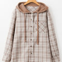 Khaki Large Ariella Checkered Loose Fit Buttoned Hooded Shacket