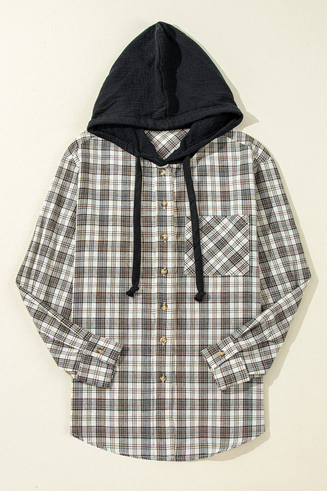 Ariella Checkered Loose Fit Buttoned Hooded Shacket