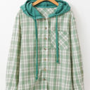 Green Large Ariella Checkered Loose Fit Buttoned Hooded Shacket