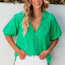 Green Medium Arielle Embroidered Hollow-out Puff Sleeve Blouse