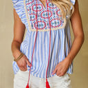  Ariya Stripe Geo Pattern Embroidered Tassel Flutter Blouse