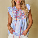  Ariya Stripe Geo Pattern Embroidered Tassel Flutter Blouse