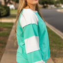  Aruba Blue Colorblock Patchwork Cross Seam Plus Sweatshirt