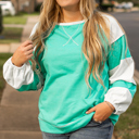  Aruba Blue Colorblock Patchwork Cross Seam Plus Sweatshirt