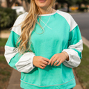  Aruba Blue Colorblock Patchwork Cross Seam Plus Sweatshirt