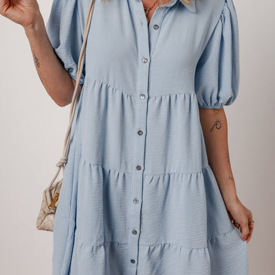 Arya Shirt Collar Button Up Puff Sleeve Tiered Dress