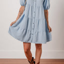  Arya Shirt Collar Button Up Puff Sleeve Tiered Dress