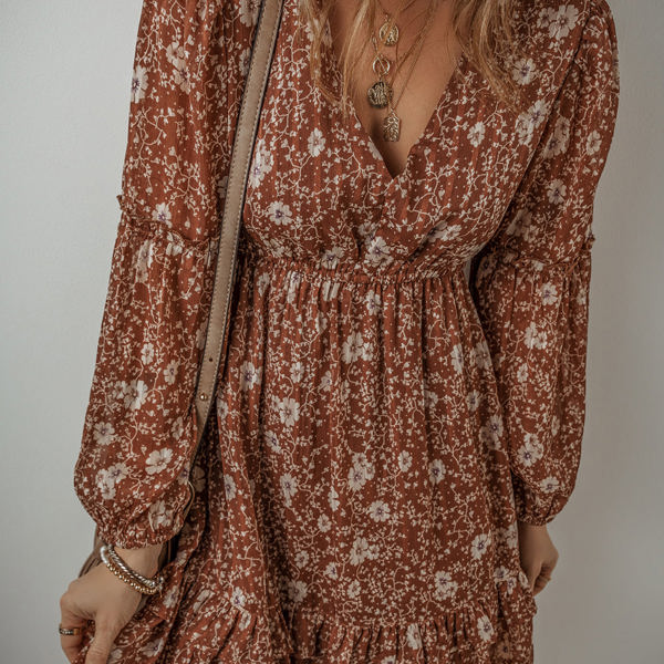 Ashley Boho Floral Puff Sleeve Mini Dress