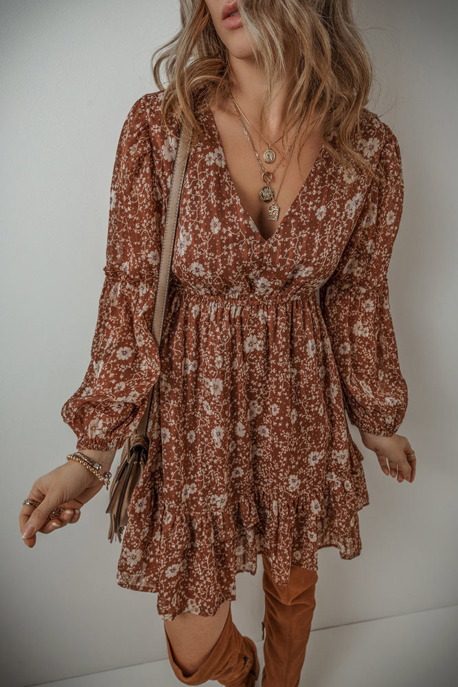 Ashley Boho Floral Puff Sleeve Mini Dress