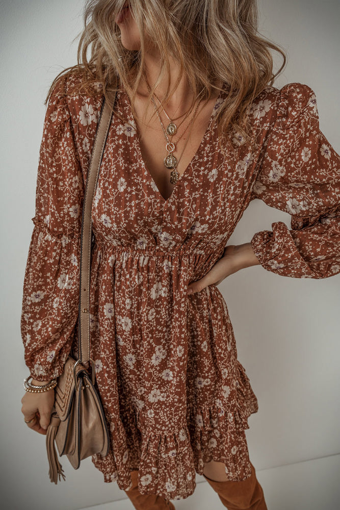 Ashley Boho Floral Puff Sleeve Mini Dress