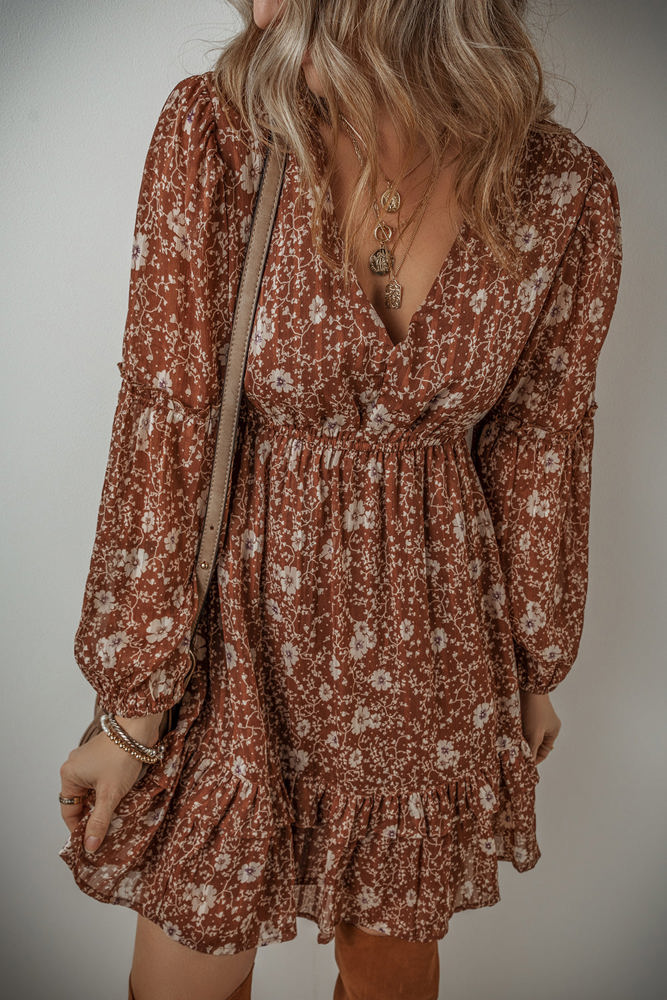 Ashley Boho Floral Puff Sleeve Mini Dress