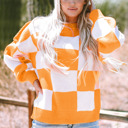  Ashley Checkered Bishop Sleeve Sweater