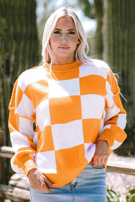 Ashley Checkered Bishop Sleeve Sweater