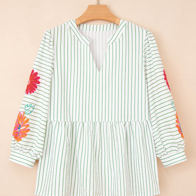 Ashley Stripe Flower Puff Sleeve V Neck Babydoll Blouse