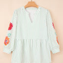  Ashley Stripe Flower Puff Sleeve V Neck Babydoll Blouse