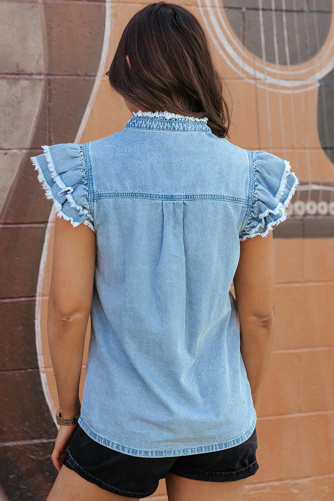 Ashlyn Ruffled Flutter Frayed Denim Top