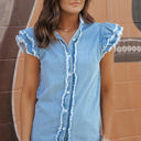  Ashlyn Ruffled Flutter Frayed Denim Top