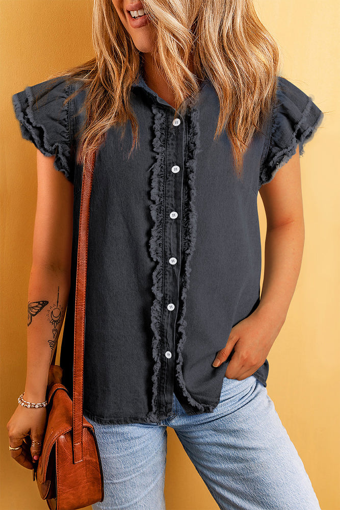 Ashlyn Ruffled Flutter Frayed Denim Top