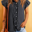 Black XL Ashlyn Ruffled Flutter Frayed Denim Top