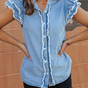 Beau Blue Medium Ashlyn Ruffled Flutter Frayed Denim Top