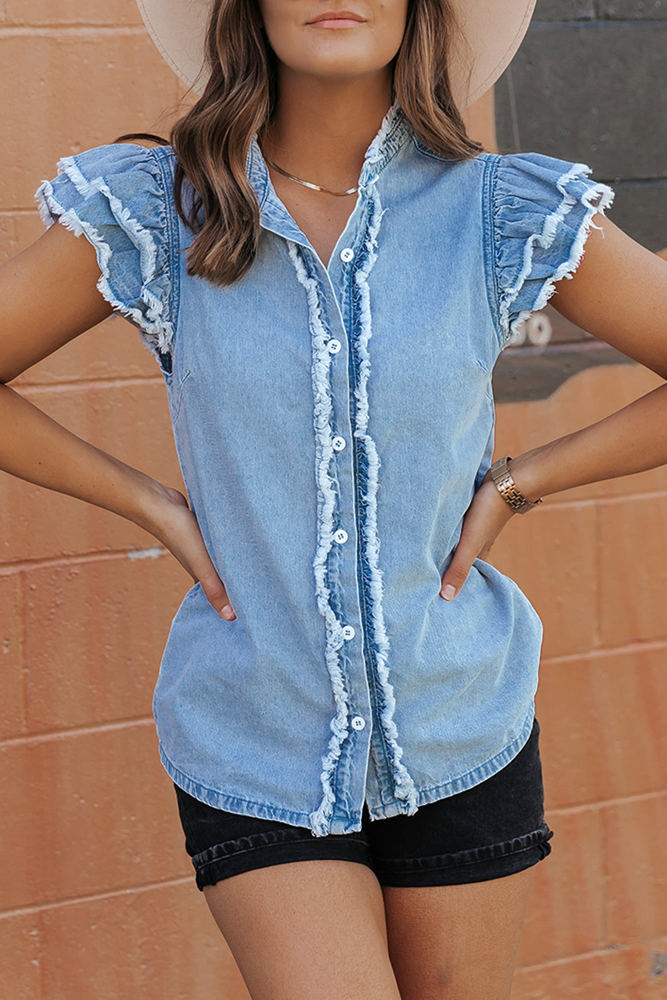 Ashlyn Ruffled Flutter Frayed Denim Top