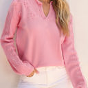 Pink Small Ashlynn Flower Detail Knitted Notched Neck Sweater