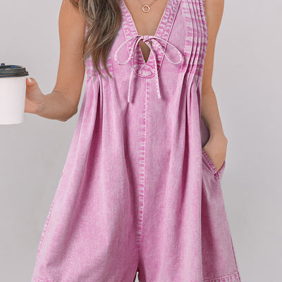 Ashlynn Mineral Wash Pleated Sleeveless Denim Romper