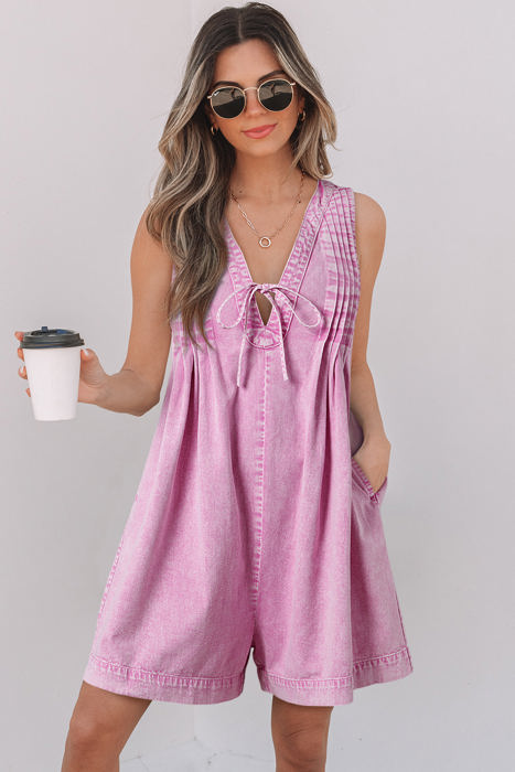 Ashlynn Mineral Wash Pleated Sleeveless Denim Romper