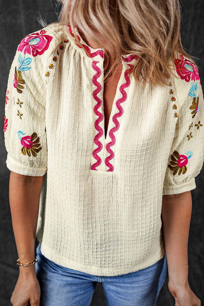 August Floral Embroidered Puff Sleeve Blouse