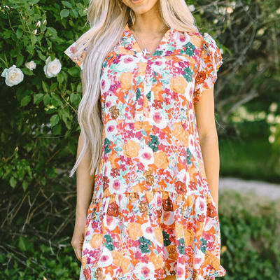 August Floral Print Split Neck Flutter Sleeve Dress