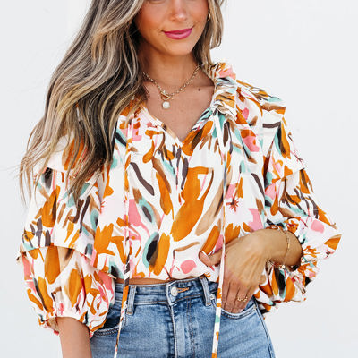 Aurelia Drawstring Frilled V Neck 3/4 Sleeve Blouse