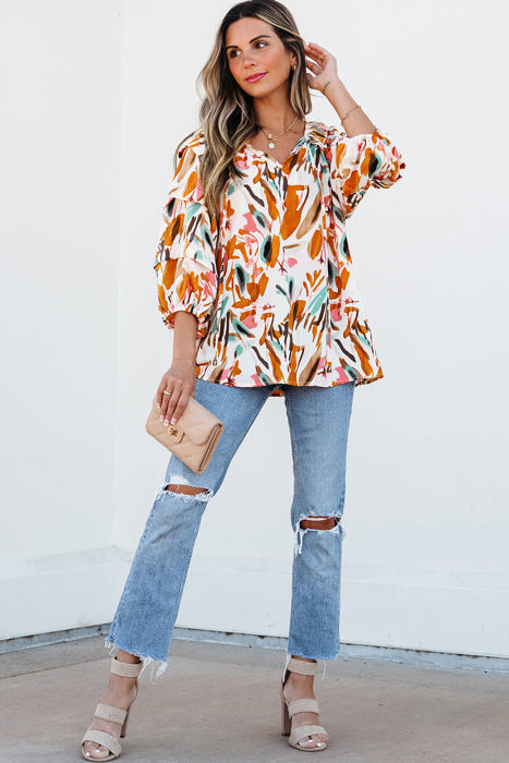 Aurelia Drawstring Frilled V Neck 3/4 Sleeve Blouse