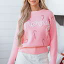 Pink XL Ava Cane Puffy Knit Sweater