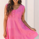 Bright Pink Medium Averie Waffle Textured Button Round NeckDress