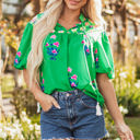  Ayah Floral Tie Split Neck Short Sleeve Blouse