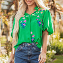  Ayah Floral Tie Split Neck Short Sleeve Blouse