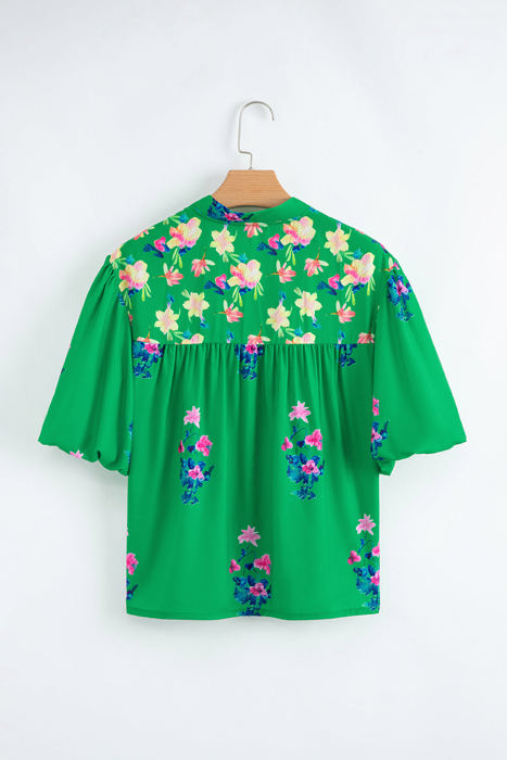 Ayah Floral Tie Split Neck Short Sleeve Blouse