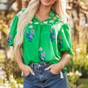 Green XL Ayah Floral Tie Split Neck Short Sleeve Blouse
