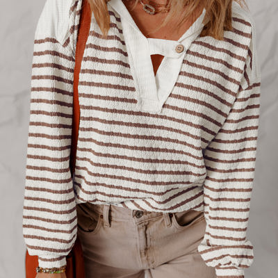 Ayla Stripe Textured Hooded Long Sleeve Top