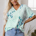 Green Large Azalea Print Short Sleeve Blouse