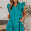 Green Large Azalea Tiered Ruffled Sleeves Mini Dress with Pockets