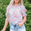  Azaria Floral Print Button Split Neck Puff Sleeve Blouse