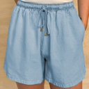  Beau Blue Washed Chambray Drawstring Elastic Waist Plus Size Shorts