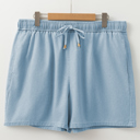  Beau Blue Washed Chambray Drawstring Elastic Waist Plus Size Shorts