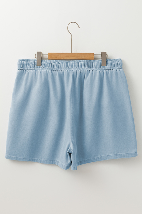 Beau Blue Washed Chambray Drawstring Elastic Waist Plus Size Shorts