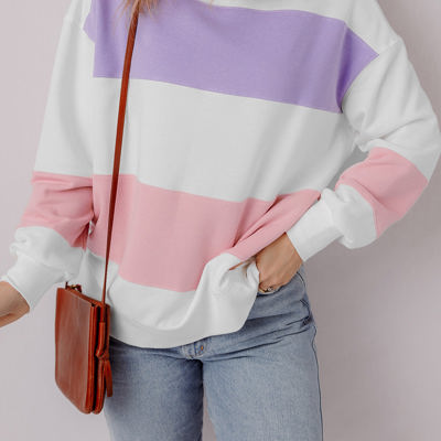 Beige Colorblock Patchwork Drop Shoulder Crewneck Sweatshirt