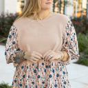  Beige Faux Two Piece Knit Patchwork Floral Print Plus Size Top