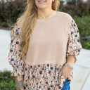  Beige Faux Two Piece Knit Patchwork Floral Print Plus Size Top