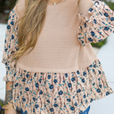  Beige Faux Two Piece Knit Patchwork Floral Print Plus Size Top